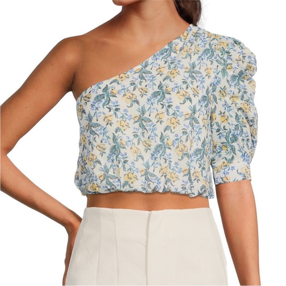 En Saison Maeve Floral Yellow and Blue One Shoulder Crop Top